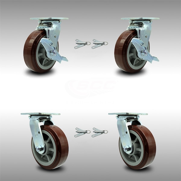 Service Caster 6 Inch SS Polyurethane Caster Set with Ball Bearings 4 Swivel Lock 2 Brake SCC SCC-SS30S620-PPUB-TLB-BSL-2-BSL-2 - main